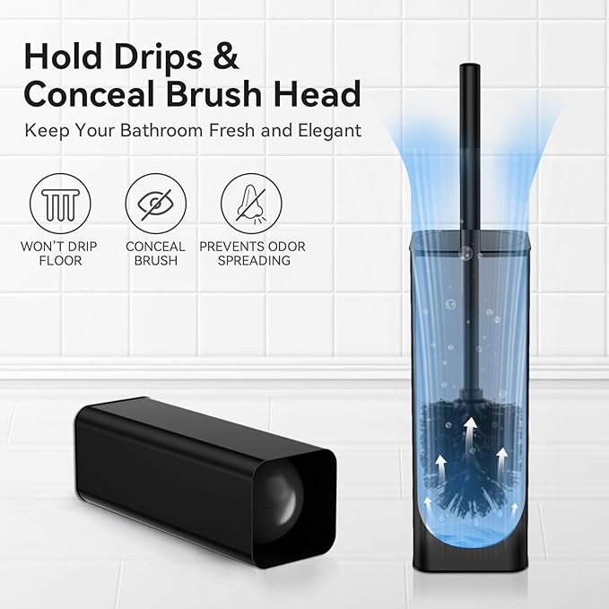 DOWRY Toilet Bowl Brush and Holder for Bathroom Storage Organization Deep Cleaning Covered Brush Cleaner Black Toilet Brush with 2 Brush Holders
