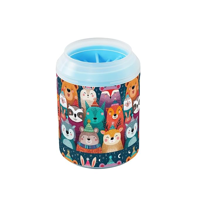 Dog Paw Cleaner Cups for Dogs Pets Foot Washer Paw Scrubber for Medium Small Cats Dogs Cleaning Cup Cute Winter Forest Animal Colorful