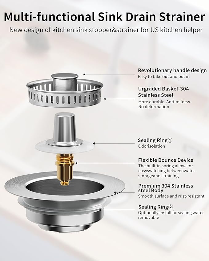 3 in 1 Kitchen Sink Drain Strainer [304 Stainless Steel Pop Up] Anti-Clogging Kitchen Sink Drain Stopper Stainless Steel Drainage Odor Filter Sink Plug for Us Standard 3-1/2 Inch (2 Pack)