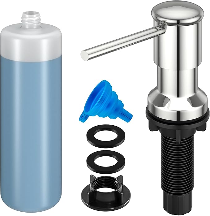 Dish Soap Dispenser, Kitchen Sink Soap Dispenser Pump with 17 OZ Bottle, Refill from The Top, Wide Pump Head Base (Chrome)