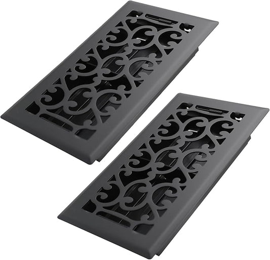 4x8 Inches 2 Pack Heavy Duty Walkable Floor Register - Easy Adjust Air Supply Lever Decorative Floor Vent Covers, Savannah Design Vent Covers for Home - Matte Black