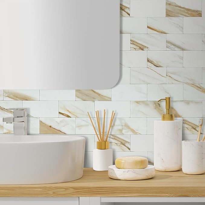 AULIGET 4-Piece Calacatta Gold Marble Look Peel and Stick Backsplash Wall Tiles, 3" x 6" Faxu Stone PVC Stick on Tile for Backsplash Kitchen, Bathroom, Laundry Room, Camper, Fireplace