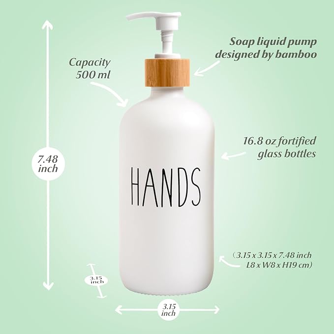 White Glass Soap Dispenser Bottle for Hands. Glass Soap Dispenser for Bathroom or Kitchen Sink Use