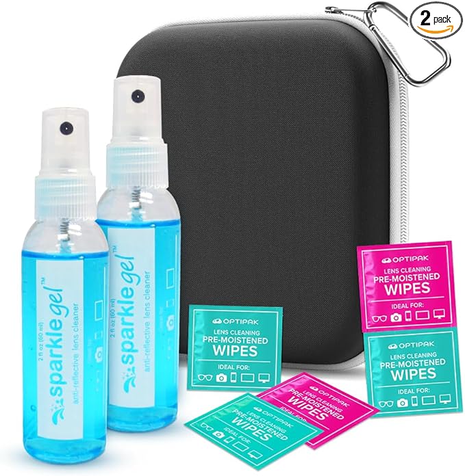 Sparkle Gel Anti-Reflective Safe Lens Cleaner Spray Kit - (2) 2oz Glasses Cleaner Spray, (5) Pre-Moistened Lens Wipes, (1) Travel Pouch for Eyeglasses, Lenses & Camera Cleaning Kit (8 Piece Set)