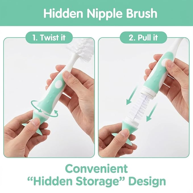 4-in-1 Baby Bottle Brush Set, Bottle Brush Cleaner, Bottle Cleaner Brush Set, Including Nylon Bottle Brush, Bottle Cap Brush, Straw Brush, Nipple Brush, BPA-Free (Green)