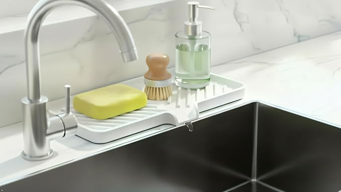 Happitasa Silicone Soap Dish Tray and Sponge Holder with Drain Chute and Feet | 3-Way Sloped Design | Bathroom and Kitchen Sink Organizer Caddy (Sand Dollar, 10"x4")