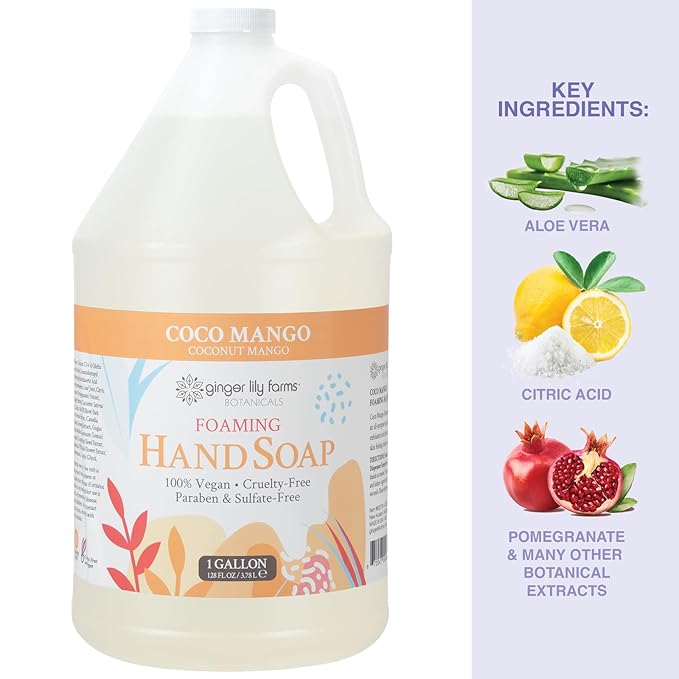 Ginger Lily Farms Botanicals All-Purpose Foaming Hand Soap Refill, Coco Mango, 100% Vegan & Cruelty-Free, Coconut Mango Scent, 1 Gallon (128 fl oz)