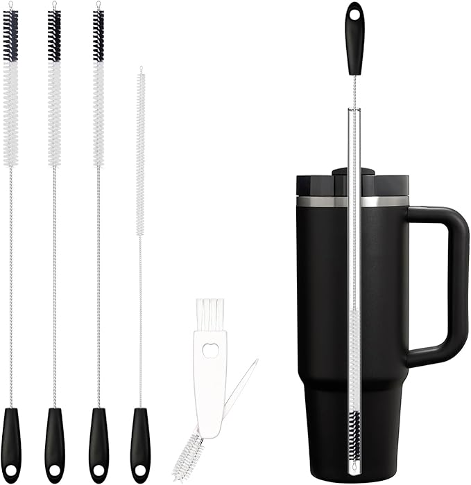 5 Pack Straw Cleaning Brush Set, 15" Extra Long Straw Cleaner Brush, 4 Sizes Reusable Straw Cleaner Brush, 3-In-1 Cup Lid Cleaning Brush for Stanley/Owala/Yeti/Hydro, Sturdy Brush Bristles(Black)
