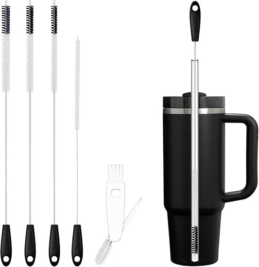 5 Pack Straw Cleaning Brush Set, 15" Extra Long Straw Cleaner Brush, 4 Sizes Reusable Straw Cleaner Brush, 3-In-1 Cup Lid Cleaning Brush for Stanley/Owala/Yeti/Hydro, Sturdy Brush Bristles(Black)