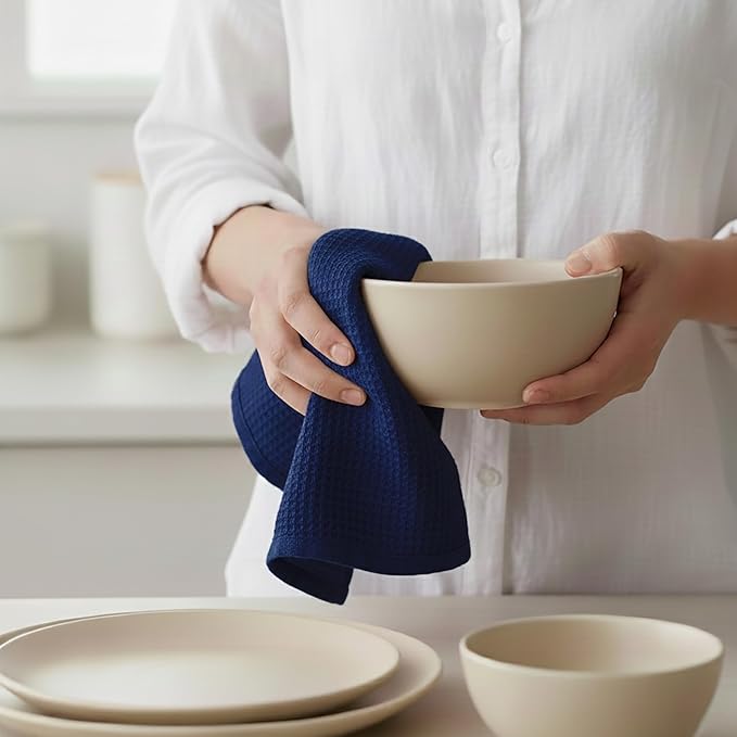 PurpleEssences Waffle Weave Kitchen Towel, 100% Cotton, 15x25 Inches, with Hanging Loop Ultra Soft Absorbent Quick Drying Dish Cloth, Tea and Hand Towels, 4 Pack - Christmas Holiday Winter - Navy Blue