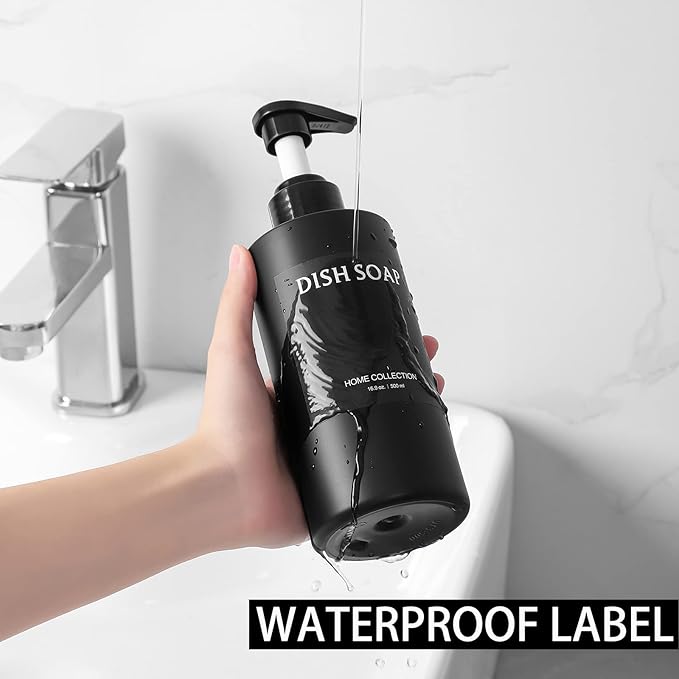 Hand Soap Dispenser Plastic Pump Bottles with Waterproof Label for Bathroom Kitchen, Empty Refillable Liquid Container, 16 oz Black 2 Pack