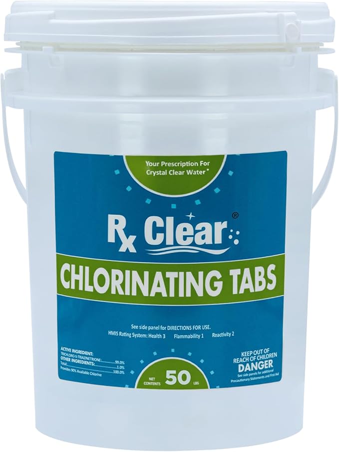 Rx Clear 3" Inch Stabilized Chlorine Tablets | 1200 Lbs | Individual Chlorinating Tabs | Sanitizing Swimming Pools | Long Lasting, Slow Dissolving, UV Protected (24 x 50 LB Buckets)