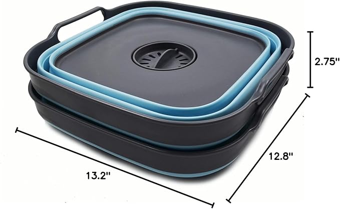 SAMMART 10L (2.64 gallon) Collapsible Dishpan with Draining Plug - Foldable Washing Basin - Portable Dish Washing Tub - Space Saving Kitchen Storage Tray (2, Grey/Sea Angel)