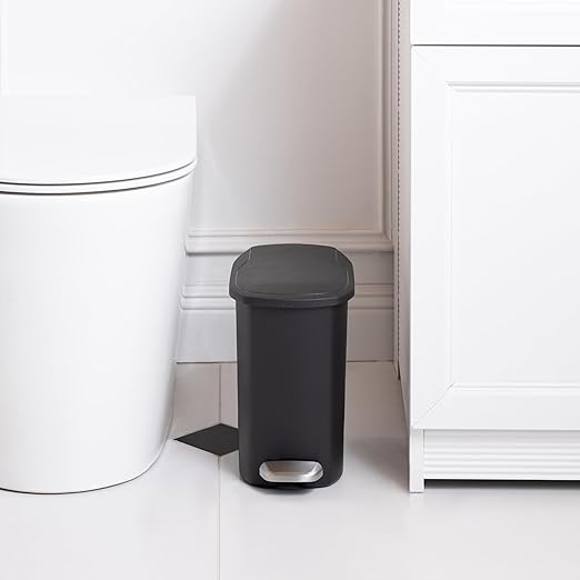 Amazon Basics Compact Plastic Bathroom Trash Can with Hands Free Foot Pedal, Quiet Close Step-On, 6 Liters, Black, Lid Included (Pack of 6)