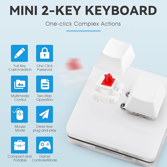 Ecarke 2-Key Gaming Keyboard, USB Mini 2-Key Keyboard, Mechanical Gaming PC Keyboards, Programming Macro with Software, RGB LED