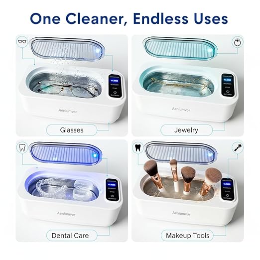 8-Core High-Performance Ultrasonic Jewelry Cleaner, 50KHZ 4-Mode Sonic Cleaner with Watch Stand for Eyeglasses, Rings, Silver Jewelry, Retainers - 304 Stainless Steel Tank,Aeniumvor