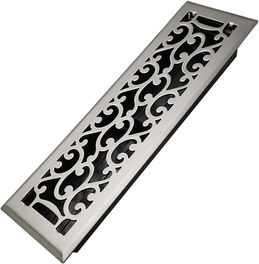 4x14 Inches Heavy Duty Walkable Floor Register - Easy Adjust Air Supply Lever Decorative Floor Vent Covers, Savannah Design Vent Covers for Home - Satin Nickel