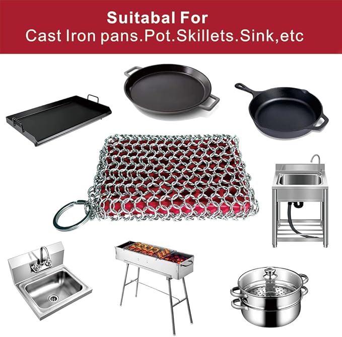 Cast Iron Chainmail Scrubber with Red Silicone Insert Chainmail Scrub Easy to Grip,Cast Iron Pan Cleaner -316 Chain Metal Sponge for Cast Pan Skillet Scrubber