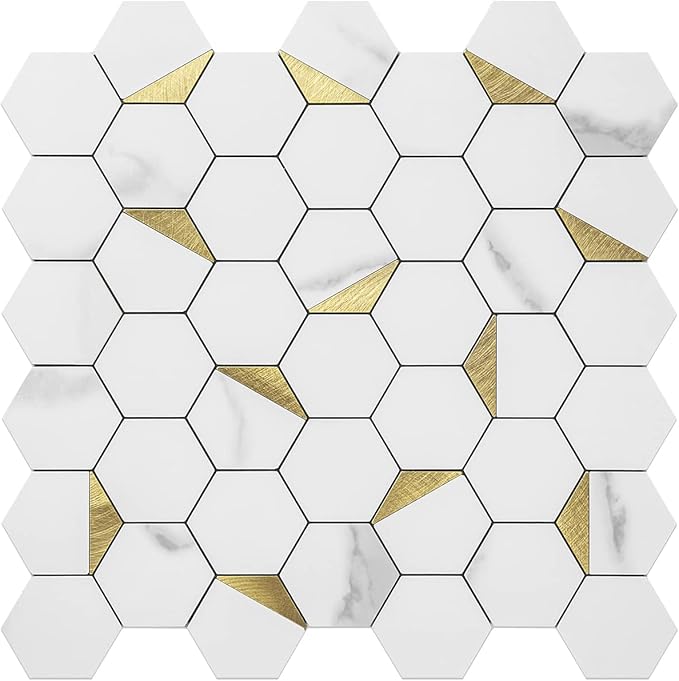 DICOFUN 1 Hexagon Tile Peel and Stick Backsplash, White Marble Look PVC Mixed Golden Metal Mosaic Tiles