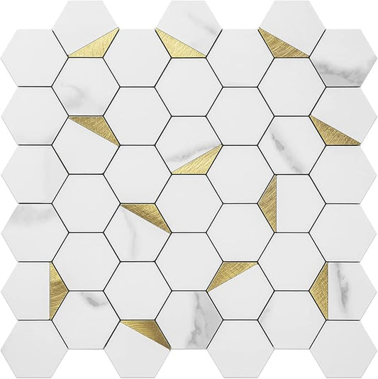 DICOFUN 1 Hexagon Tile Peel and Stick Backsplash, White Marble Look PVC Mixed Golden Metal Mosaic Tiles