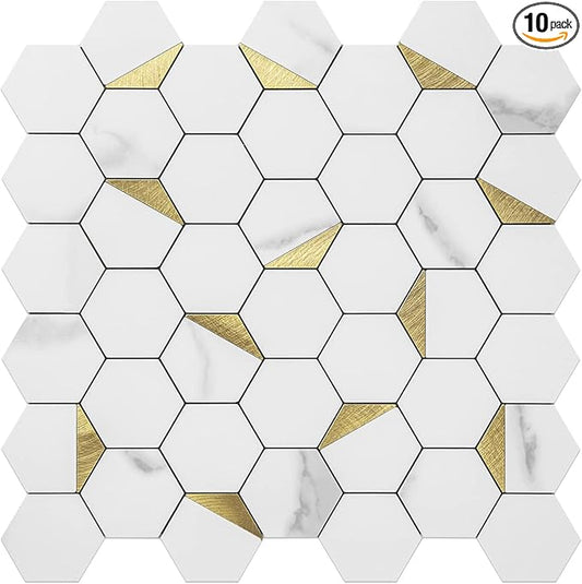 DICOFUN 10-Sheet Hexagon Tile Peel and Stick Backsplash, White Marble Look PVC Mixed Golden Metal Mosaic Tiles for Kitchen and Bathroom