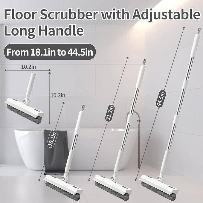 Floor Scrub Brush, 2 in 1 Cleaning Brush with Long Handle,Floor Scrubber Suit for Kitchen, Bedroom, Patio, Shower, Garage & Deck - Heavy Duty Tile, Concrete & Wood Surface Scrubber（White Grey）