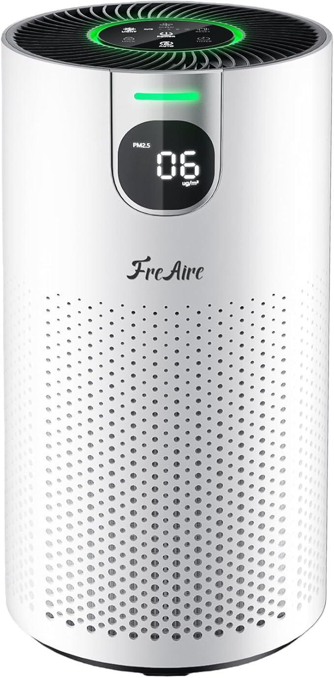FreAire Air Purifiers for Home Large Room Covers up to 1800Ft², VisionAir 20dB Sleep Mode for Bedroom, with Real-Time AQI & PM2.5 Display,360°Intake&Outlet Air Cleaner Pet-Friendly HEPA,HAP606,White
