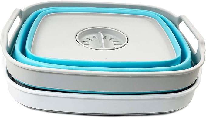 SAMMART 7.5L (2 Gallons) Collapsible Dishpan with Draining Plug - Foldable Washing Basin - Portable Dish Washing Tub - Space Saving y (Grey + Cyanine, 2)