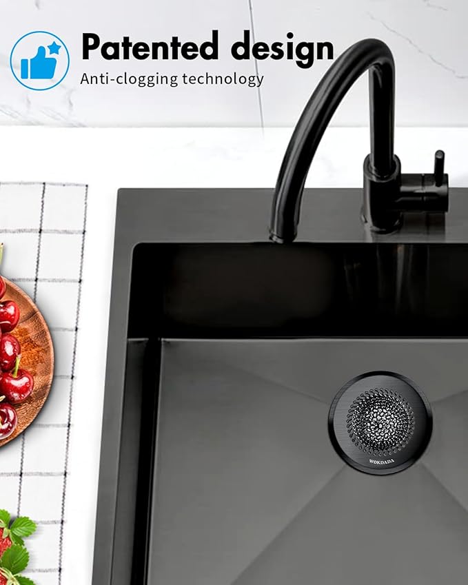 Revolutionary Kitchen Sink Drain Strainer, Patented Reversible Kitchen Sink Strainer, 304 Stainless Steel Sink Strainer Basket, Anti-Clogging & Handmade, Fit US Standard 3-1/2'' Sink Hole, Black