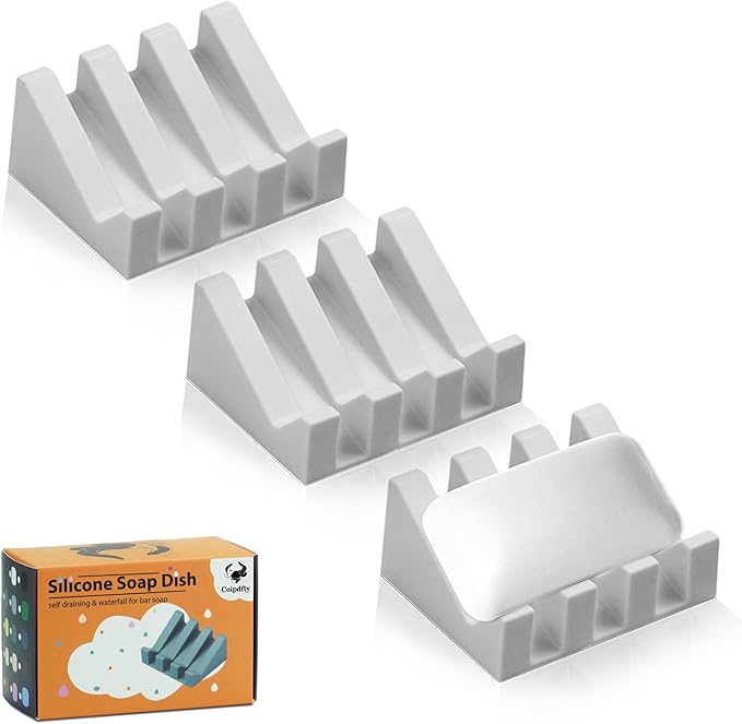 Self Draining Soap Dish Holder,Silicone Soap Dish,for Bathroom,Kitchen, Sponges，Can Extend Soap Life，Keep Soap Bars Dry and Easy Cleaning (Light Grey,3-Pack)