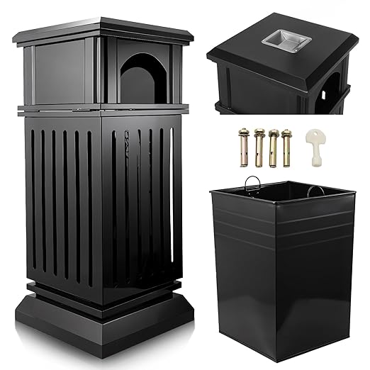 Black Stainless Steel Commercial Trash Can with Locking Lid, Heavy Duty Outdoor/Indoor Waste Container, Perforated Steel Panels, Removable Inner Bucket for Patio, Park, Garden-35.5x15.8x15.8in
