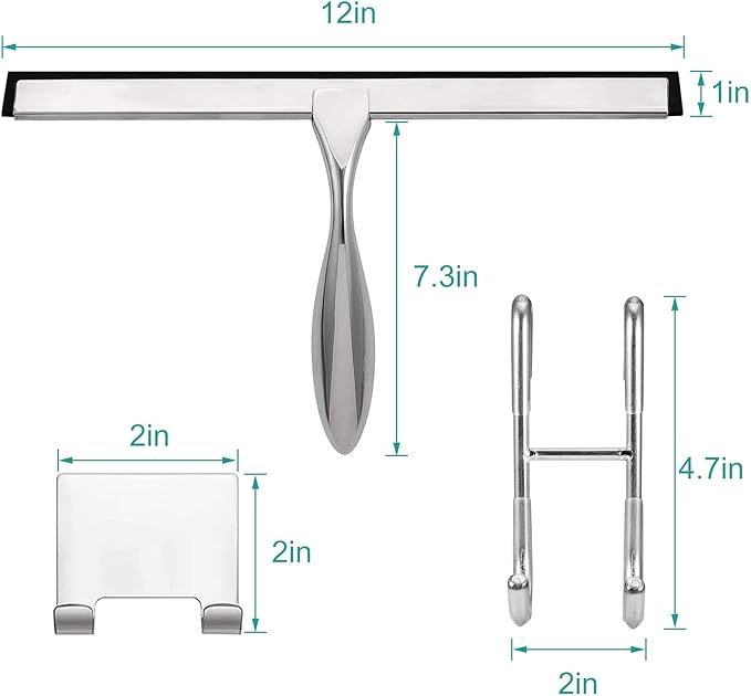 Shower Squeegee for Glass Doors,12-Inch Shower Glass Squeegee, Sliver Shower Squeegee for Shower Doors,Mirror,Windows, with Shower Door Hook and Adhesive Hook