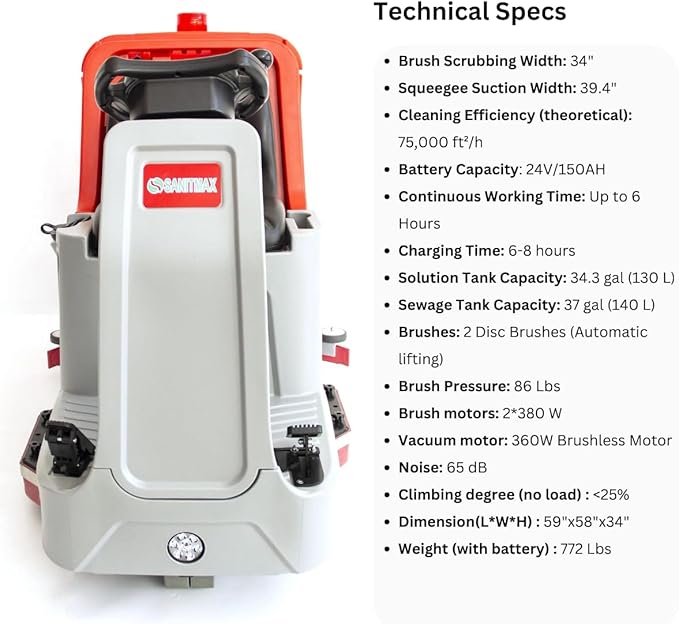 SM860 Ride-On Floor Scrubber Machine, Dual 17” Brushes, 80,000 Sq.Ft/H Productivity, 34.3 Gal Solution & 37 Gal Recovery Tanks, Battery Powered Commercial Floor Cleaner