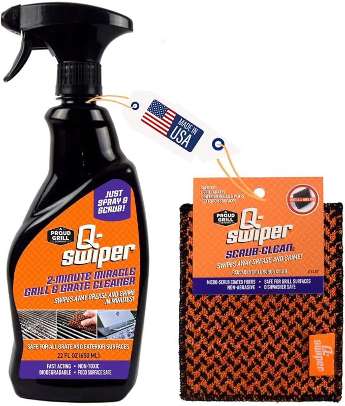 Proud Grill Company Q-Swiper 2-Minute Miracle Grill & Grate Cleaner with Scrub Clean Cloth - Degreaser Spray for BBQ, Oven, Stove, Kitchen Tops & Surfaces, Grate & Grease Remover, Smoker Cleaning Kit