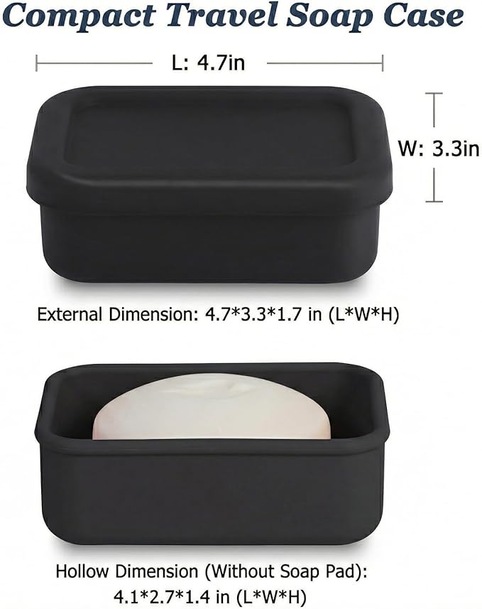 Leak Proof Silicone Travel Soap Case with Draining Tray - Bar Soap Holder for Travel, Gym & Camping - Mess-Free Portable Soap Container for Carry-on Bags (Black)