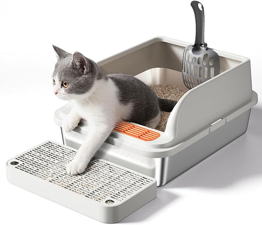 Stainless Steel Cat Litter Box, Metal Kitty Litter Box Includes Litter Mat & Scoop, Easy Cleaning Anti-Scratch Kitty Cat Box Anti-Urine Leakage, Non-Sticky, Perfect for Small Cats, Light Gray