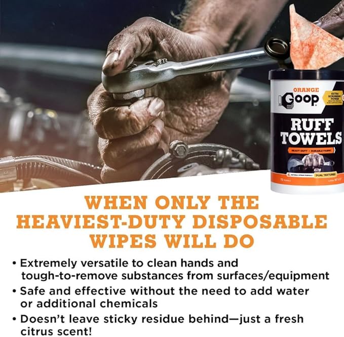 GOOP Orange Heavy Duty Ruff Towels with Scrubbing Power, 10” x 12” Dual Textured Multi-Purpose Cleaning Wipes, Removes Dirt, Grease, Oil, 72 Count (Pack of 2)