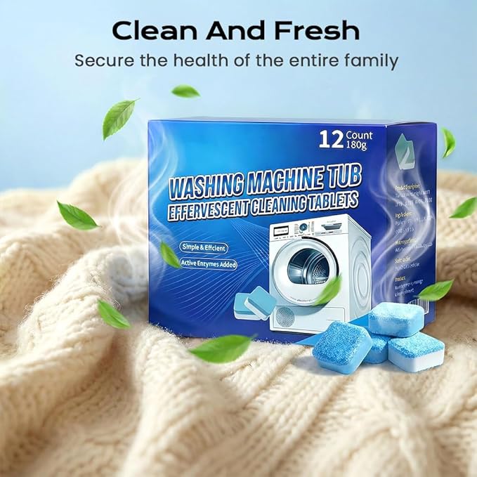 Washing Machine Cleaner Tablets 12Pack, 12-Month Supply Deep Washer Cleaner, for Front & Top Load, Works for HE Washers (12pcs)