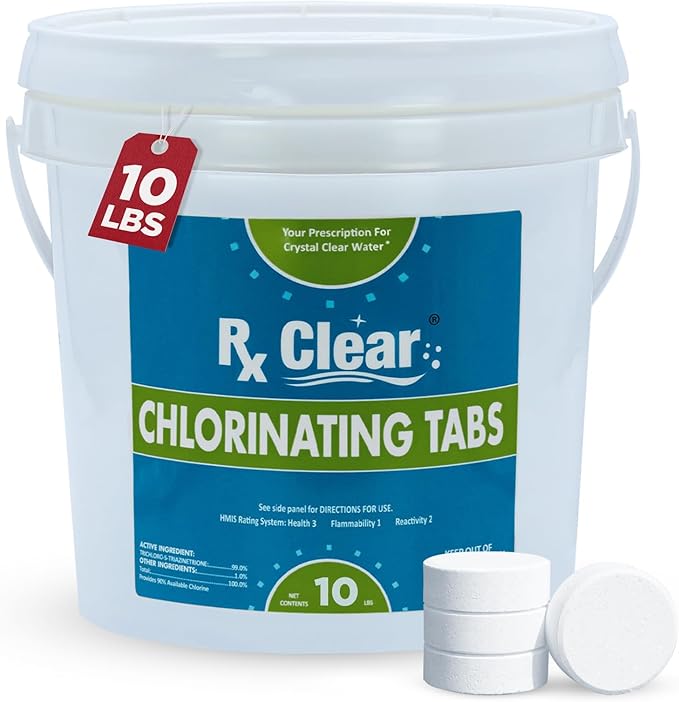 Rx Clear 3" Inch Chlorine Tabs | 10 Pounds | Individual Stabilized Chlorinating Tablets for Sanitizing Swimming Pools | Long Lasting, Slow Dissolving, and UV Protected