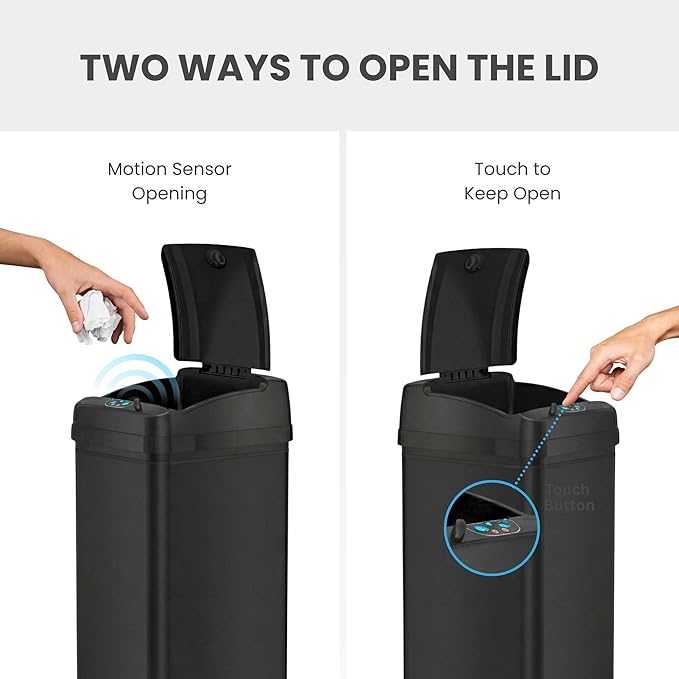 iTouchless 13 Gallon Kitchen Trash Can with Odor Filter, Automatic Motion Sensor Bin, Soft-Close Stainless Steel, Slim Wastebasket for Narrow Spaces, Matte Black