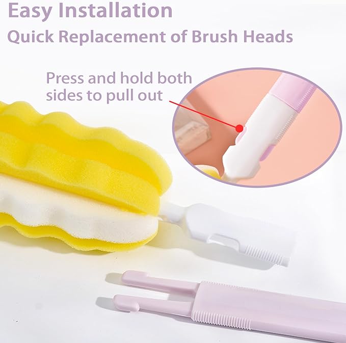 INVODA 4PCS Bottle Brush Long Handle Cup Cleaner Brush Sponge Bottle Scrubber Replaceable Brush Head Portable Bottle Cleaning Brush for Baby Bottle Dishwashing Kitchen Clean Mugs (4PCS+ 4 Brush heads)