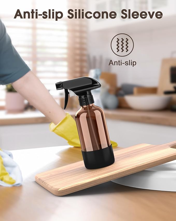 Glass Spray Bottle with Silicone Sleeve Protection, Amber Glass Spray Bottle Set for Window Cleaner Aromatherapy Facial Hydration Watering Flowers Hair Care 2 Pack/8 oz (Black & Brown)