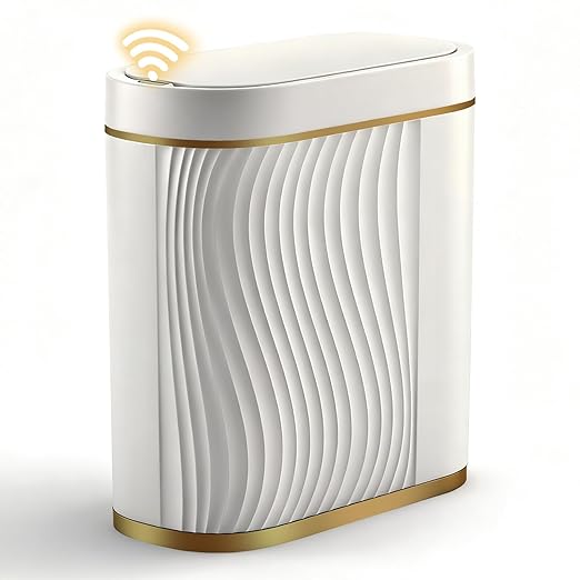 FreSup Automatic Motion Sensor Bathroom Trash Can with Lid - 2 Gallon Slim Touchless Automatic Garbage Can for Bedroom, Restroom, Office - White and Gold Aesthetic, Whisper Quiet, 11.6" Tall