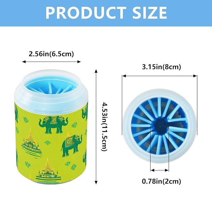 Dog Paw Cleaner Cups for Dogs Pet Foot Washer Paw Scrubber for Small Medium Large Dogs Cats Cleaning Cup Green Elephants Temples