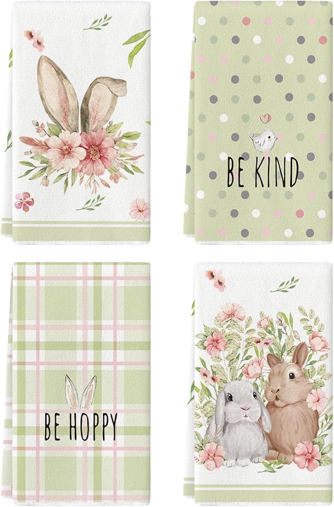 Artoid Mode Green Bunny Rabbit Ears Floral Leaves Easter Kitchen Towels Dish Towels, 18x26 Inch Be Kind Seasonal Decoration Hand Towels Set of 4