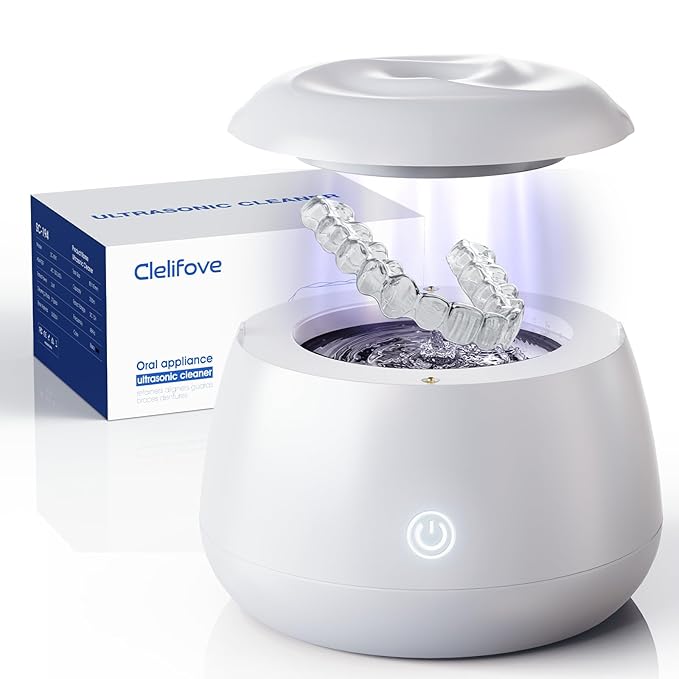 Ultrasonic Retainer Cleaner Machine 48kHz Denture and Aligner Cleaning Pod for Mouth Guards Night Guards Dental Trays Braces Toothbrushes Jewelry with 200ML Capacity (White)