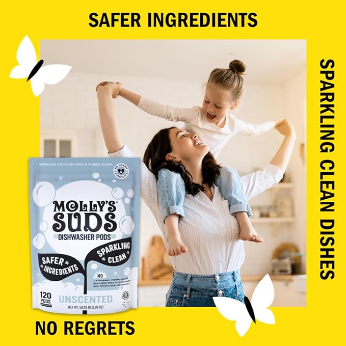 Molly's Suds Dishwasher Pods | Clean Dishwasher Detergent, Cuts Grease & Rinses Clean (Residue-Free) for Sparkling Dishes | 120 Auto-Release Tabs (Unscented) (Pack of 2)