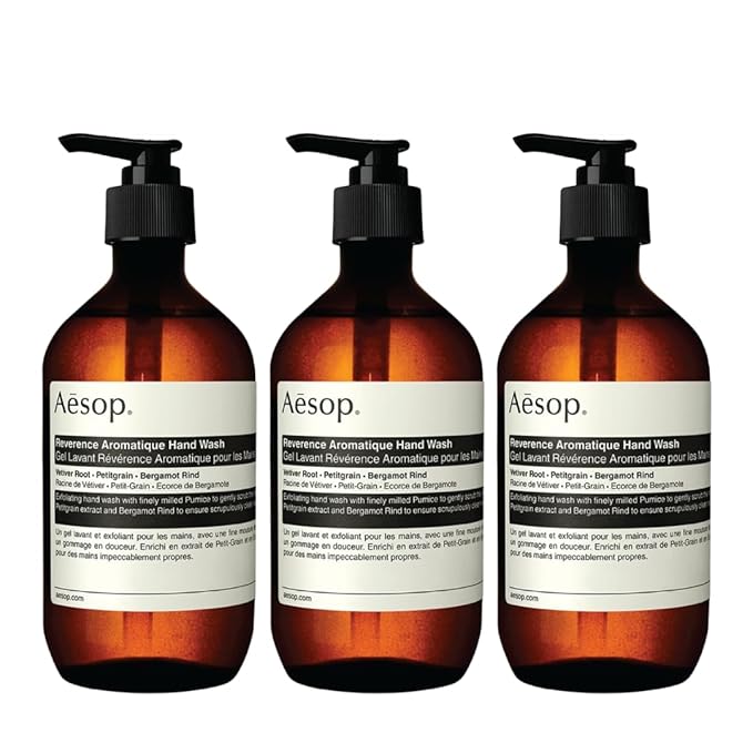 Aesop Reverence Aromatique Hand Wash | Woody, Earthy, Smoky | Gentle Exfoliating Cleanser For Renewed Skin | 500mL / 16.9 oz (Pack of 3)