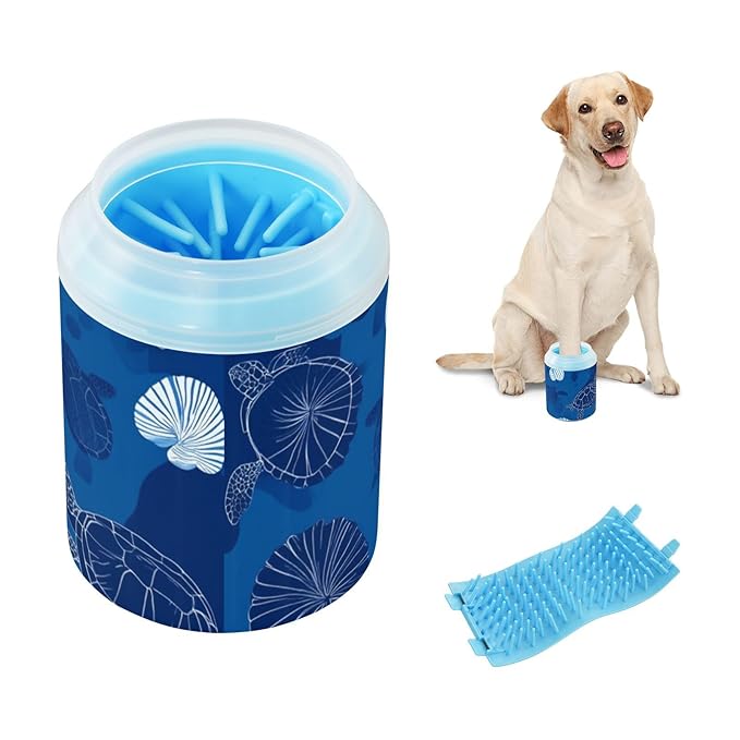Dog Paw Cleaner Cups for Dogs Pets Foot Washer Paw Scrubber for Medium Small Dogs Cats Cleaning Cup Navy Blue Turtles and Seashells
