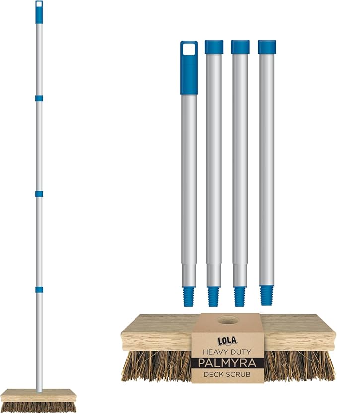 LOLA Deck Scrub Brush, 9" x 3.5" Head w/Palmyra Bristles for Outdoor Cleaning, Removes Dirt & Grime from Patios, Decks, Grout, 1 Pack